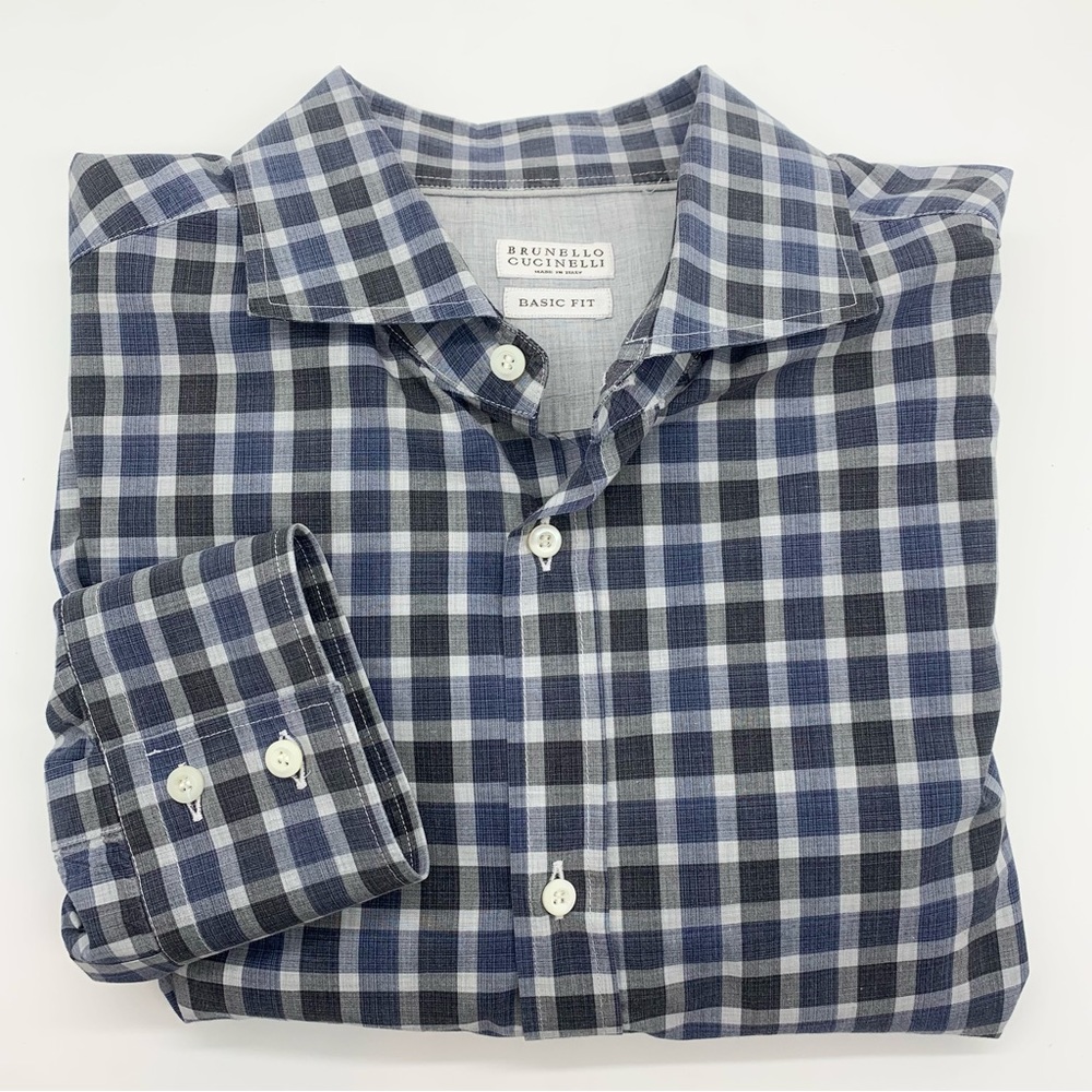 Brunello Cucinelli Men's Micro-Check Cotton Sport Shirt Blue/Navy Size XXXL